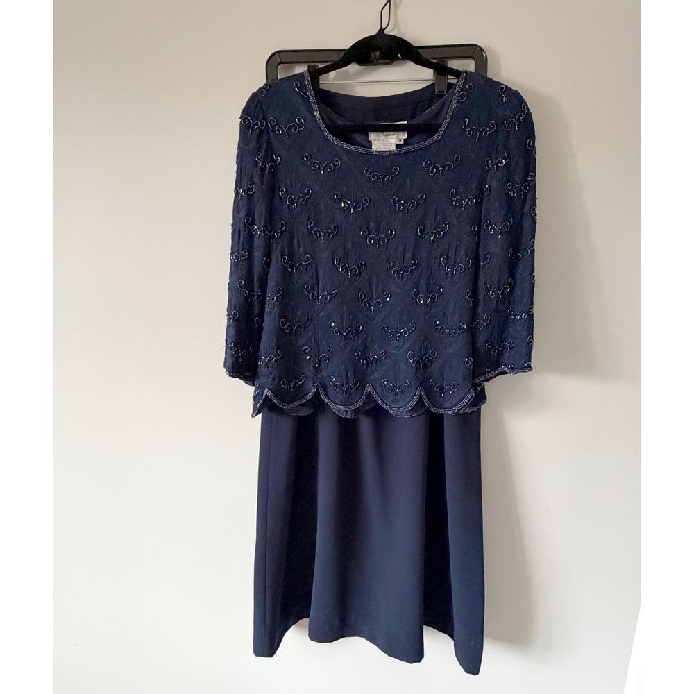Adrianna‎ Papell Occasions Navy Blue Beaded Silk Top & Maxi Skirt Set Womens 14